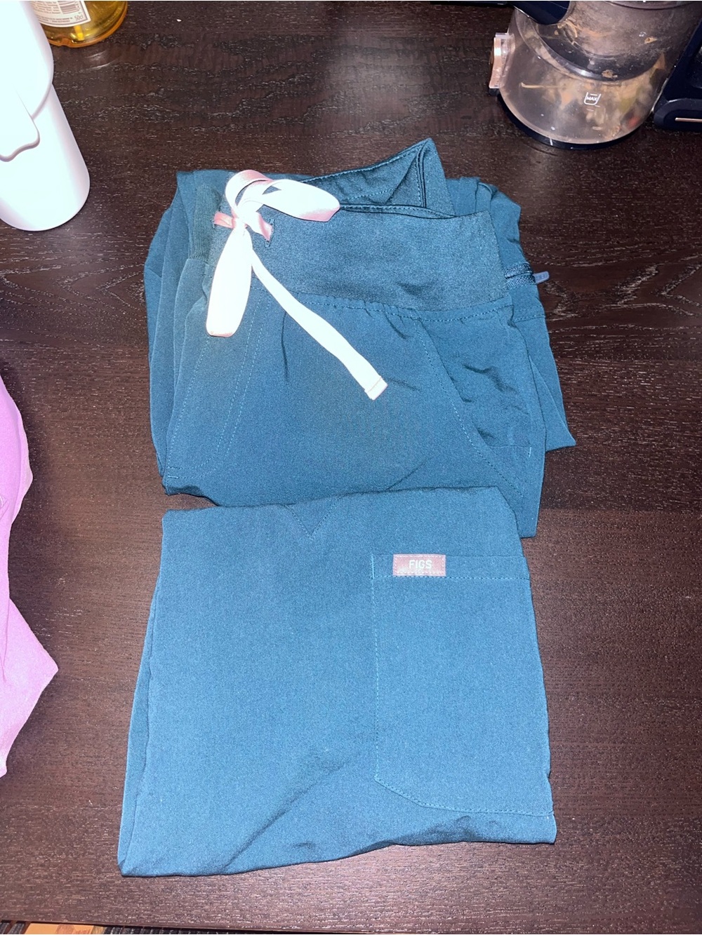 Figs Teal Scrub Set with Pink Drawstring